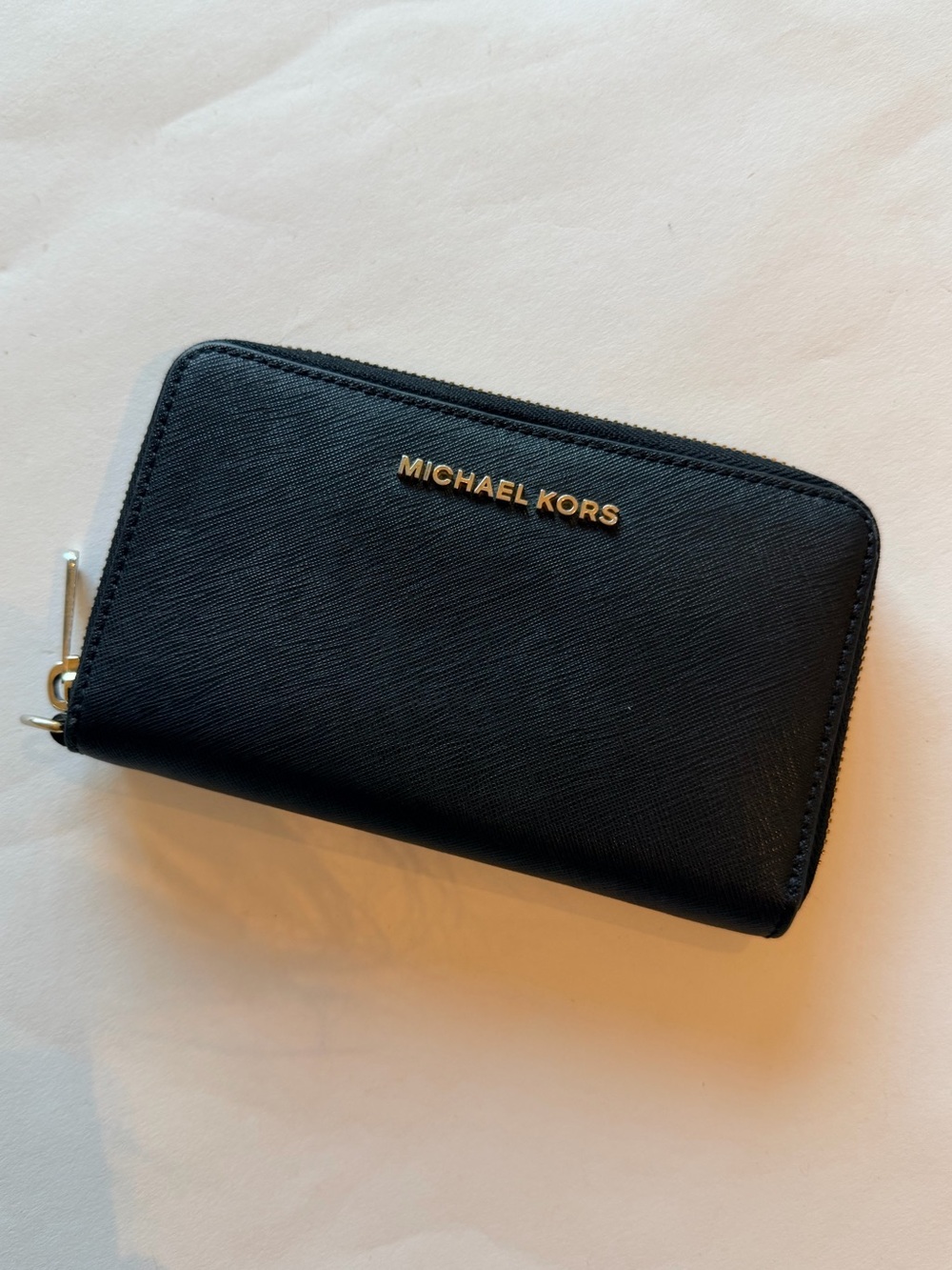 Michael Kors Black Saffiano Leather Zip Around Continental Wallet Gold Hardware